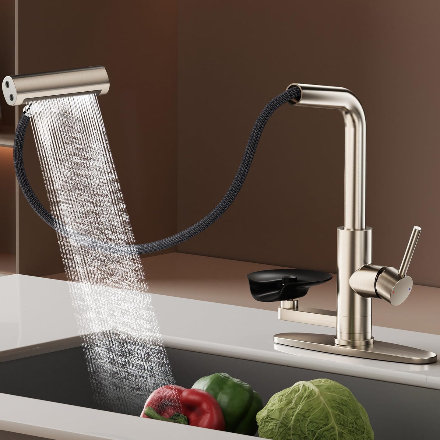 SINGSUO Pull Down Kitchen Faucet with Glass Rinser, 4 Spray Modes Kitchen Faucets with Pull Out Sprayer & Cup Washer, High Pressure Single Handle Bar Sink Faucet 1 or 3 Hole