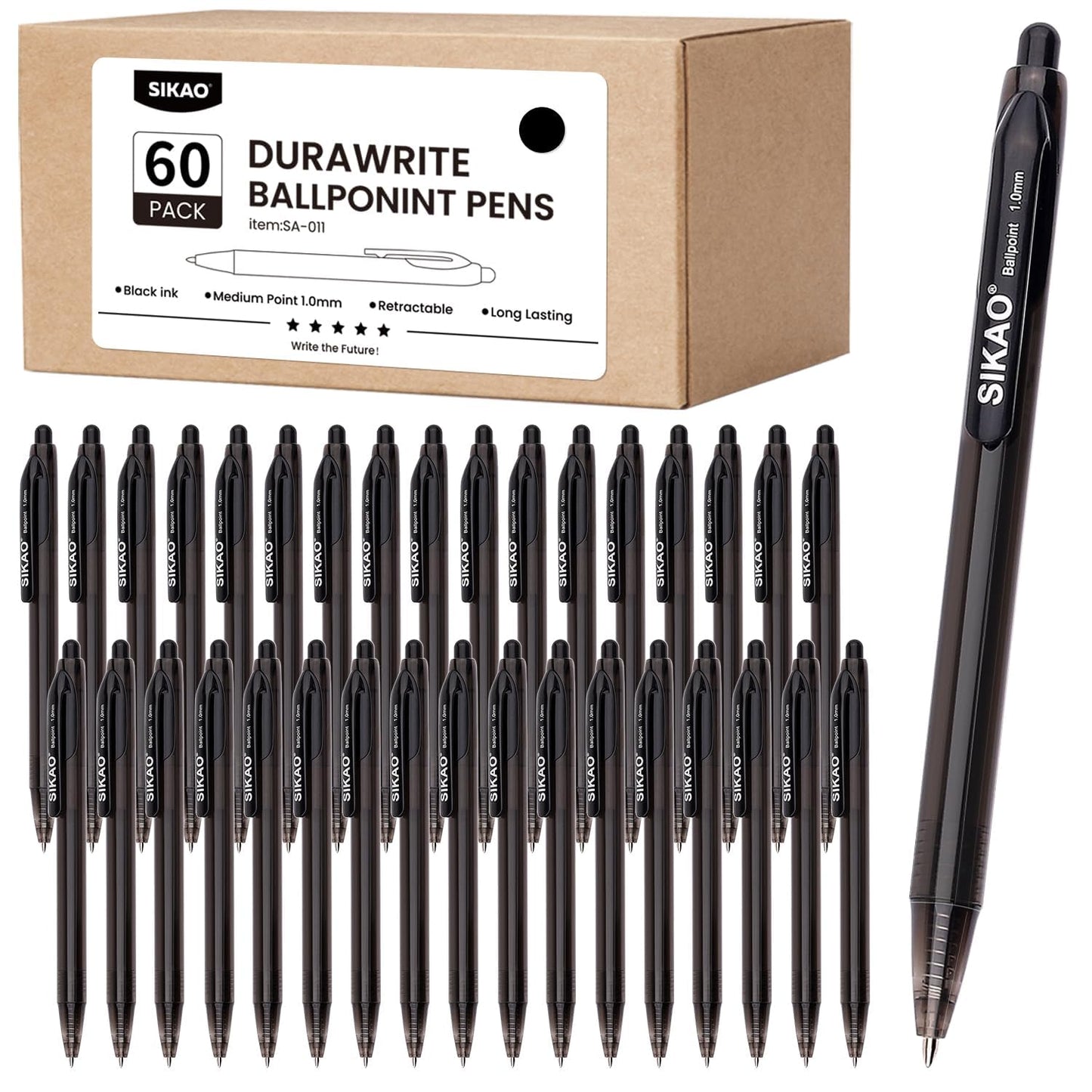 Black Pens Bulk, 60 Pack Durawrite Retractable Ballpoint Pens Black Ink 1.0mm, Click Pens No Bleed No Skip Smooth & Vivid Writing for Teachers, Students, Restaurant Servers, School & Office Supplies