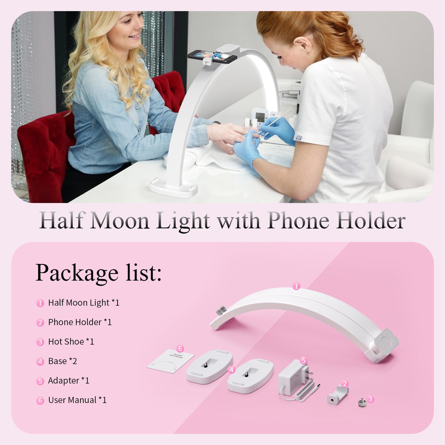 TideNaga Nail Light for Desk, 31" Foldable Half Moon Nail Desk Lamp with Phone Stand Perfect for Beginner, Color Temperature/Brightness Stepless Adjustment Arch Tech Light (White)