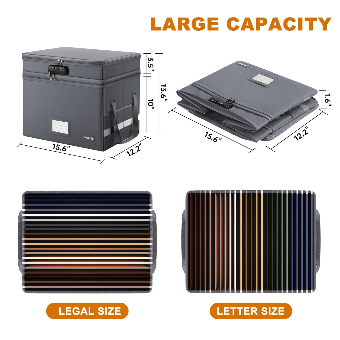 DocSafe File Box with Lock,Multi-Layer Fireproof Document Box Collapsible File Storage Organizer with Pockets/Handle,Large Portable Home Office Filing Box for Hanging Letter/Legal Size Folders,Gray