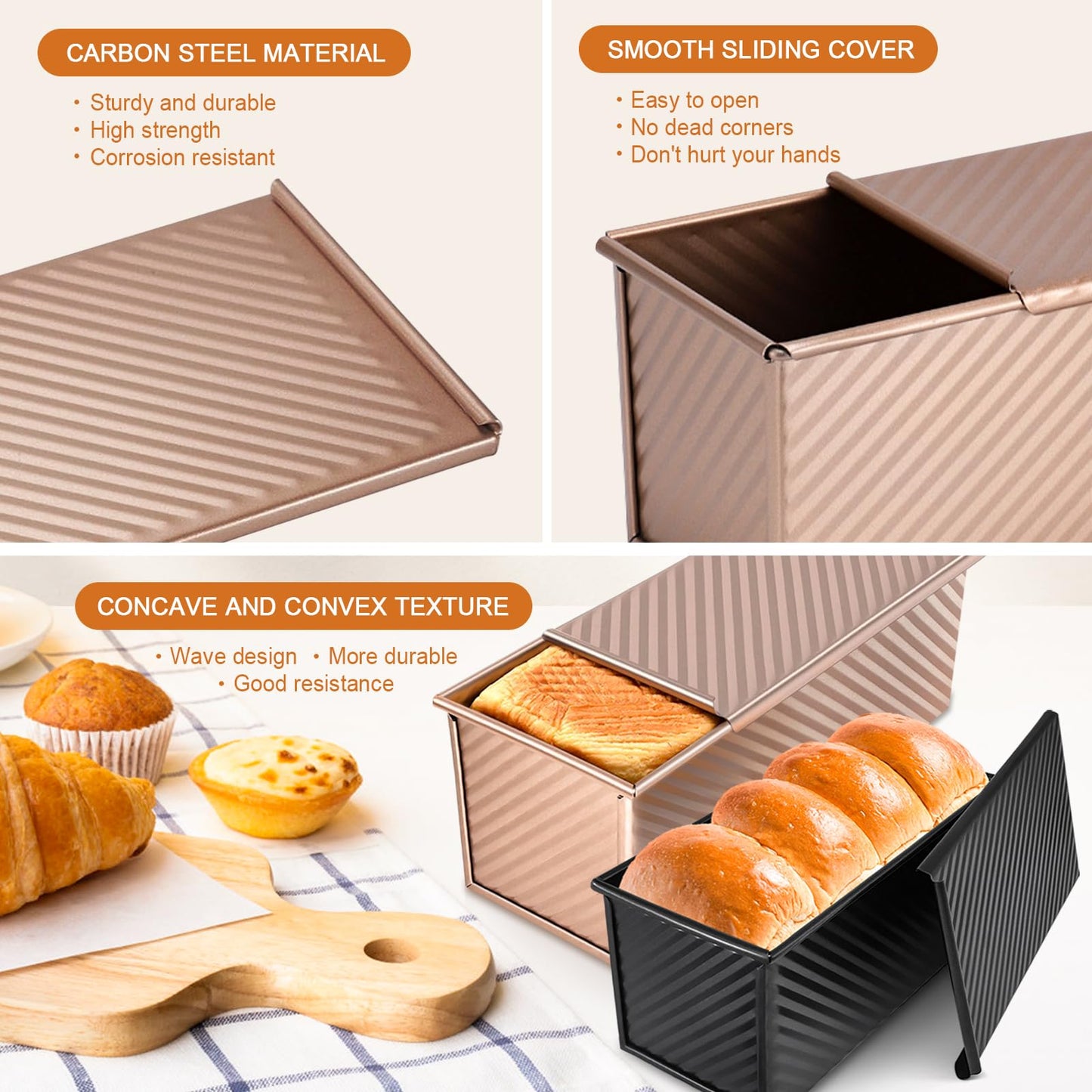 Dipanist 2Pack Pullman Loaf Pans with Lids – 2.2 LB & 1 LB Dough Capacity, Non-Stick Carbon Steel Bread Pans for Homemade Sandwich and Sourdough Bread, Corrugated Toast Mold