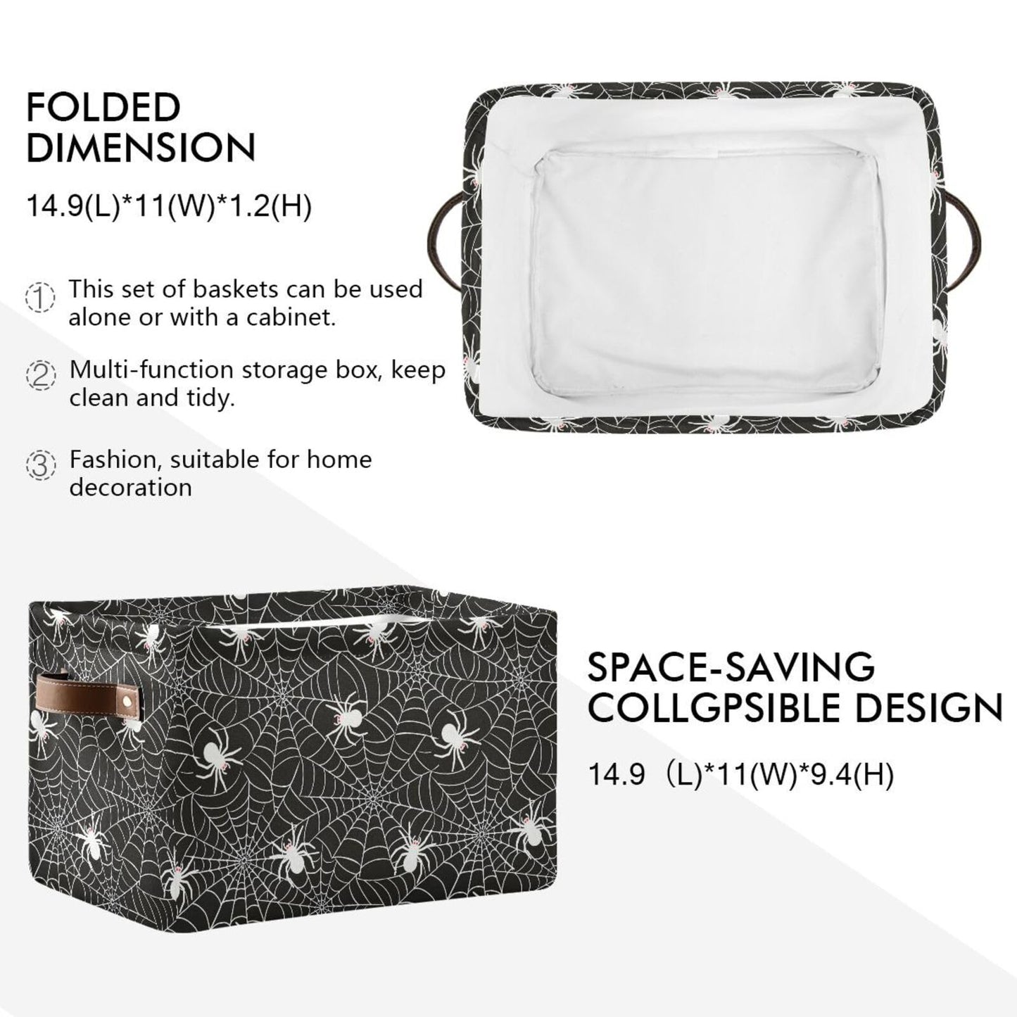senya Halloween Basket, Large Foldable Storage Basket with Handles, Halloween Spider Web Fabric Collapsible Storage Bins Organizer Bag