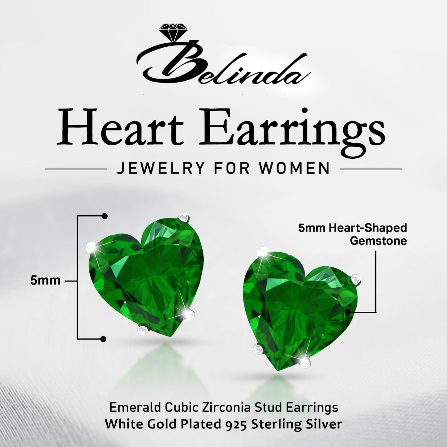 Belinda Jewelz - Heart Stud Earrings, 5mm Cubic Zirconia Heart Earrings with Prong Setting, 925 Sterling Silver Earrings Studs, Emerald Green Stud Earrings for Women