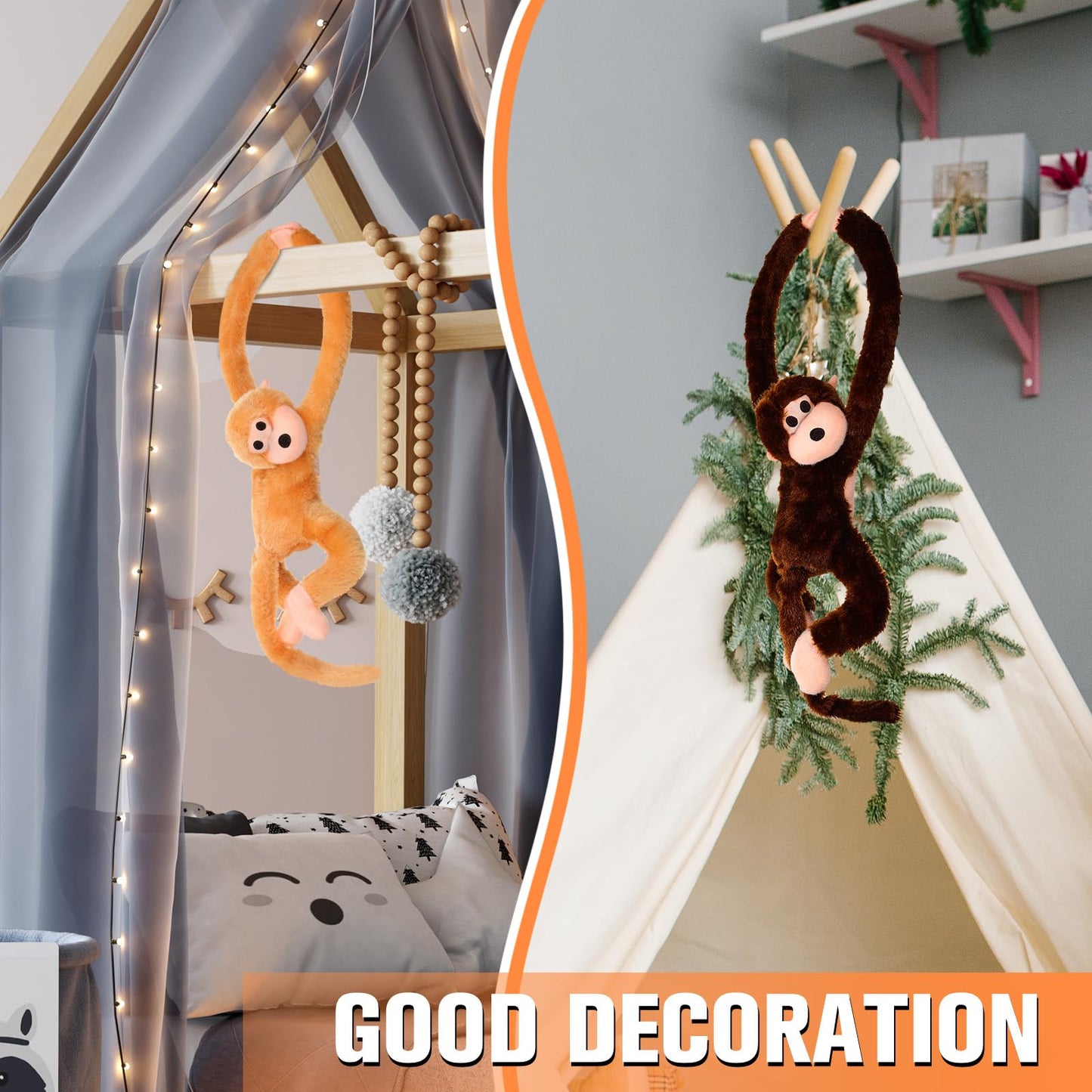 Chivao 2 Pcs Hanging Monkey Stuffed Animal, Hanging Monkey Plush with Hook and Loop Fasteners Hands Stuffed Toy for Birthday Party Favors Decorations, Brown and Khaki(28 Inch)