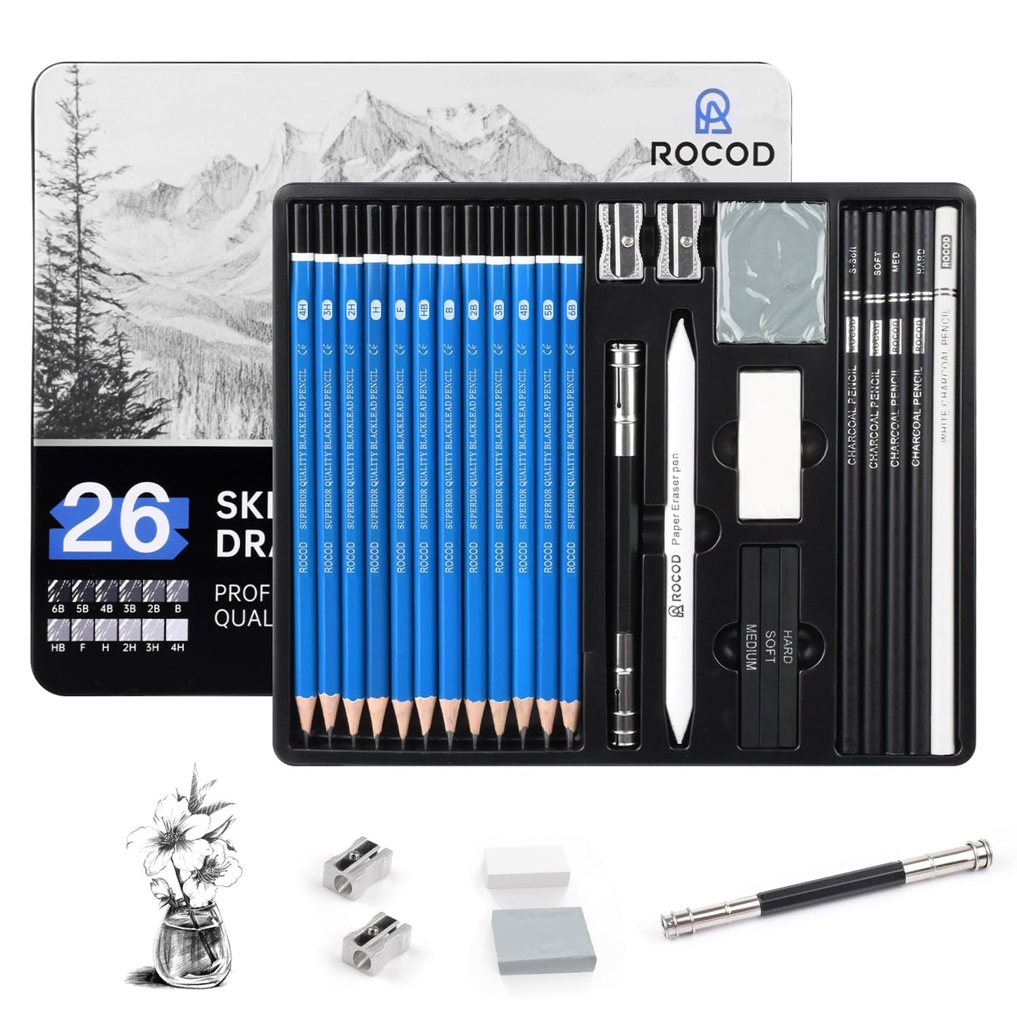 ROCOD Sketch Pencils for Kids and Adults Drawing, 26-Piece Profession Sketching Pencils, Drawing Pencil for Artists Beginner Sketching, Art Graphite Pencil 6B to 4H