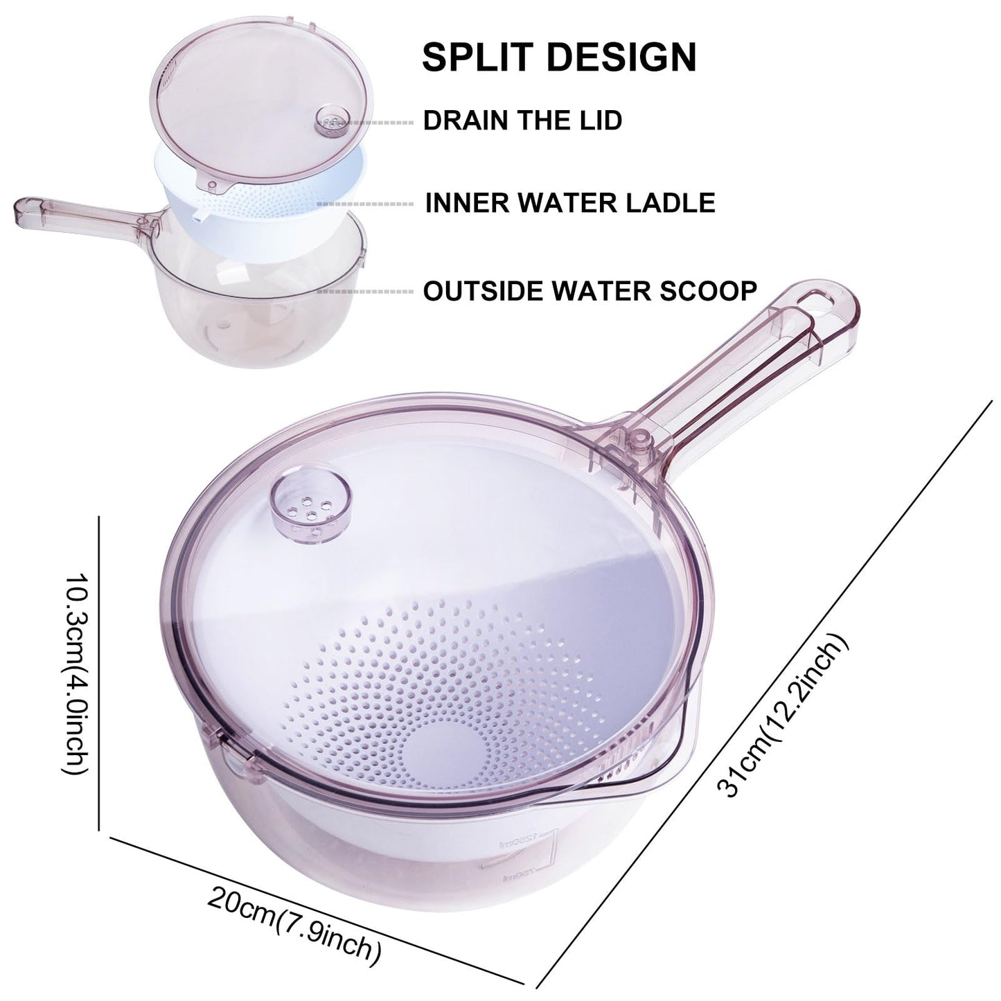 3-in-1 Kitchen Tool: Works as Rice Strainer, Fruit Washing Bowl with Strainer, Water Scoop. PET+PP Material, Rotatable Inner Basket for Easy Draining, Ideal for Rinsing Rice, Washing Fruits/Veggies.
