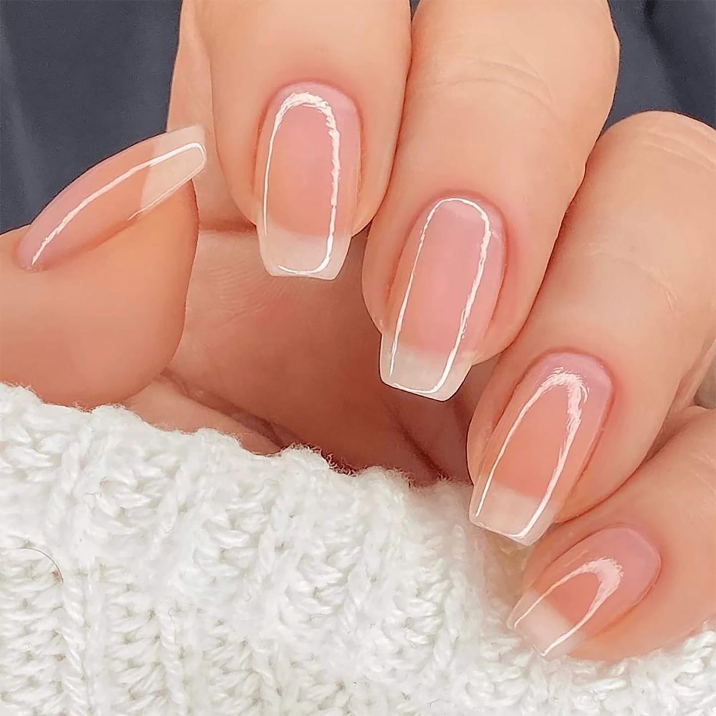 Medium Square Press on Nails White French Tip Fake Nails Nude Pink Press ons Acrylic False Nails Glossy Artificial Full Cover Stick on Nails for Women Girls 24 Pcs