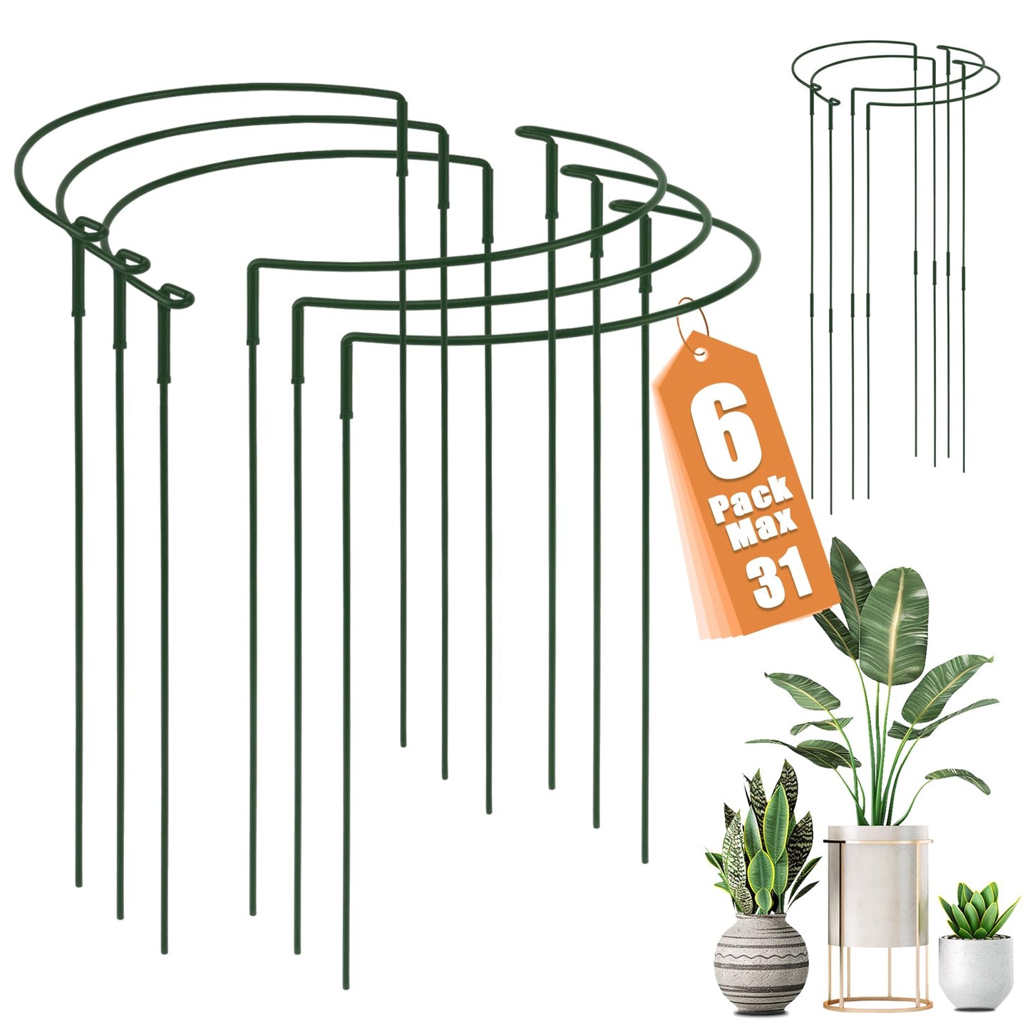 Detachable Plant Support Stakes 6 Pack, Half Round Garden Stake, Plant Stakes Cage Metal Ring Border for Indoor & Outdoor Plants, Peony, Tomato, Hydrangea(10" W x 16"-31" H)
