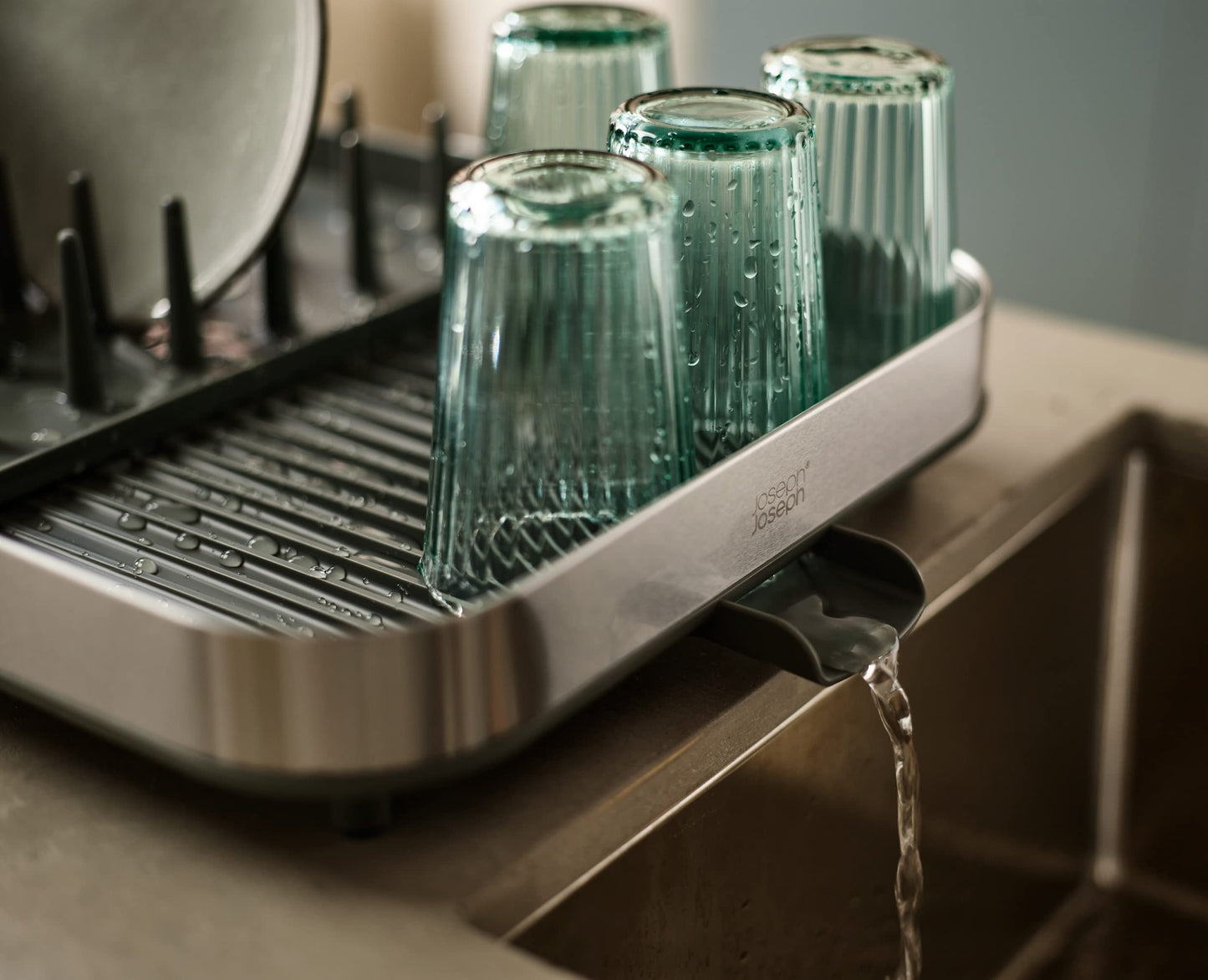 Joseph Joseph Duo Expanding Dish Drying Rack with Removable Silverware Holder, Draining Spout, Stainless Steel