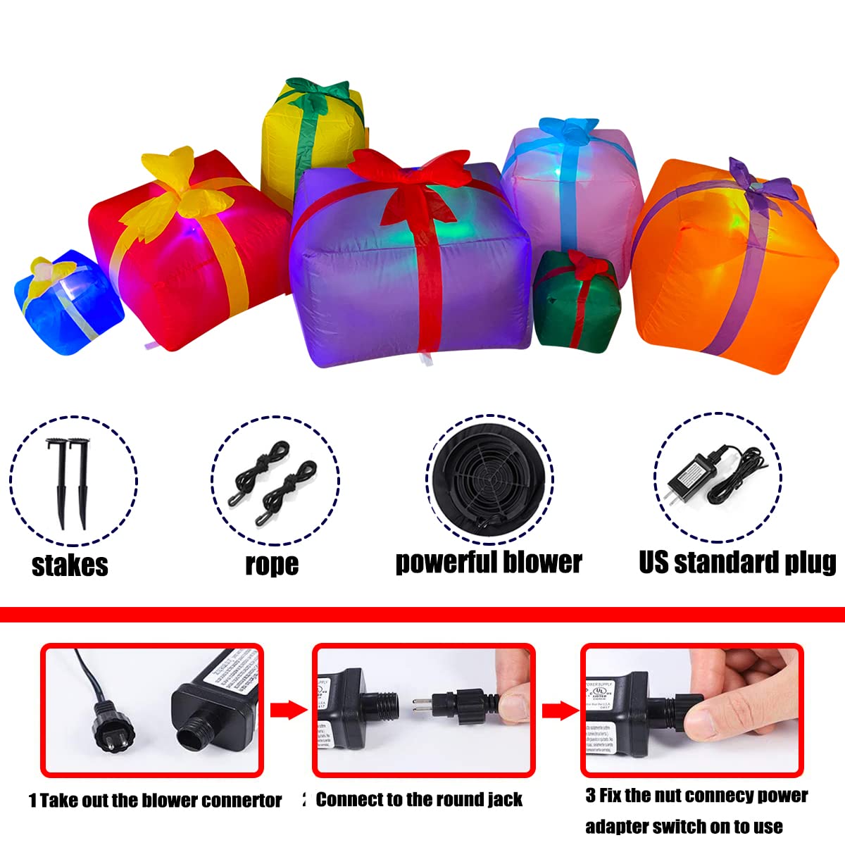 SEASONBLOW 6 Ft LED Light Up Inflatable Christmas 7 Gift Boxes Lantern Decorations for Indoor Outdoor Yard Garden Lawn Holiday Party