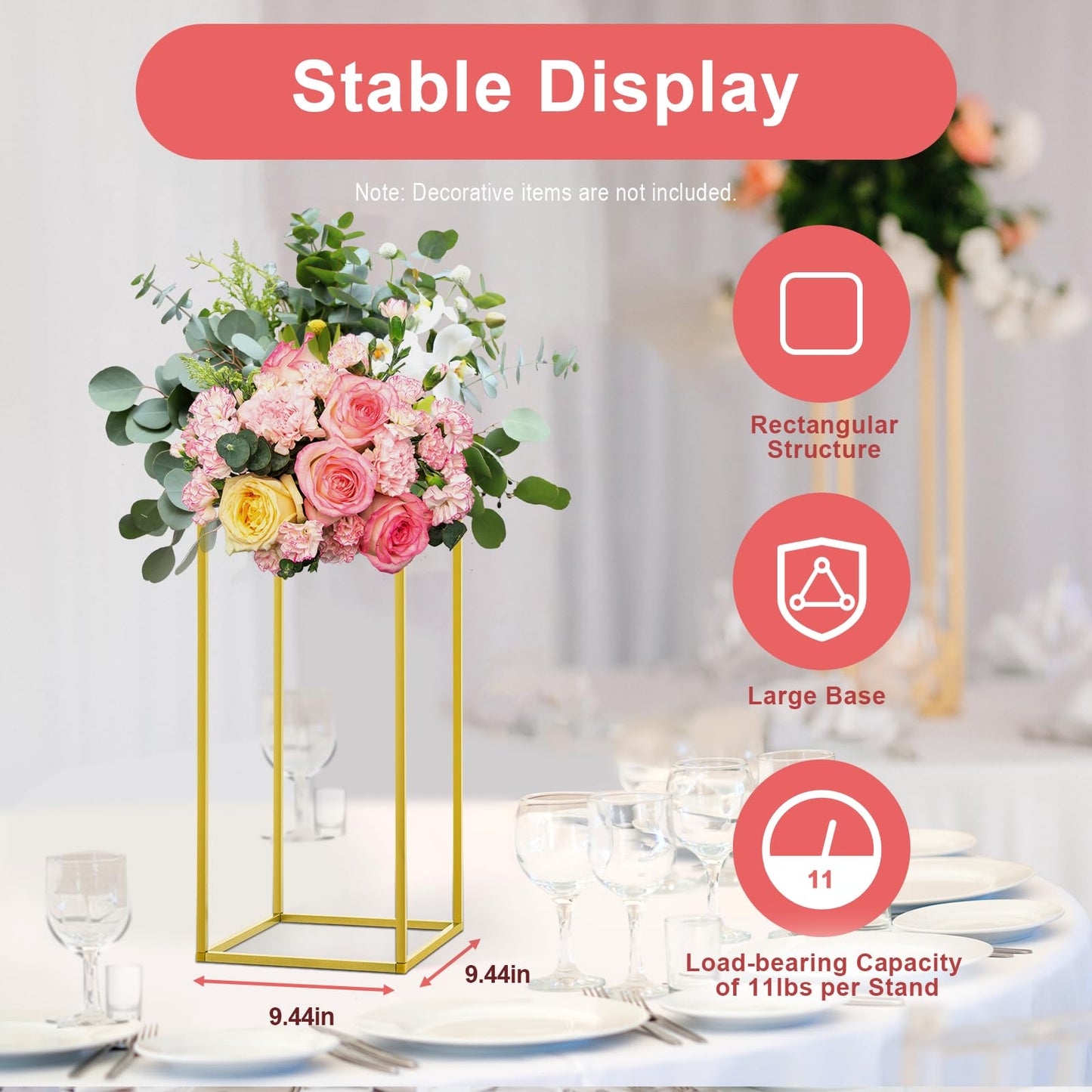 10 Pack 23.6 Inch Gold Wedding Flower Stand Metal Vase Column Stand Geometric Centerpiece Vase for Home Party Wedding Decorations, Rectangular Flower Display Rack