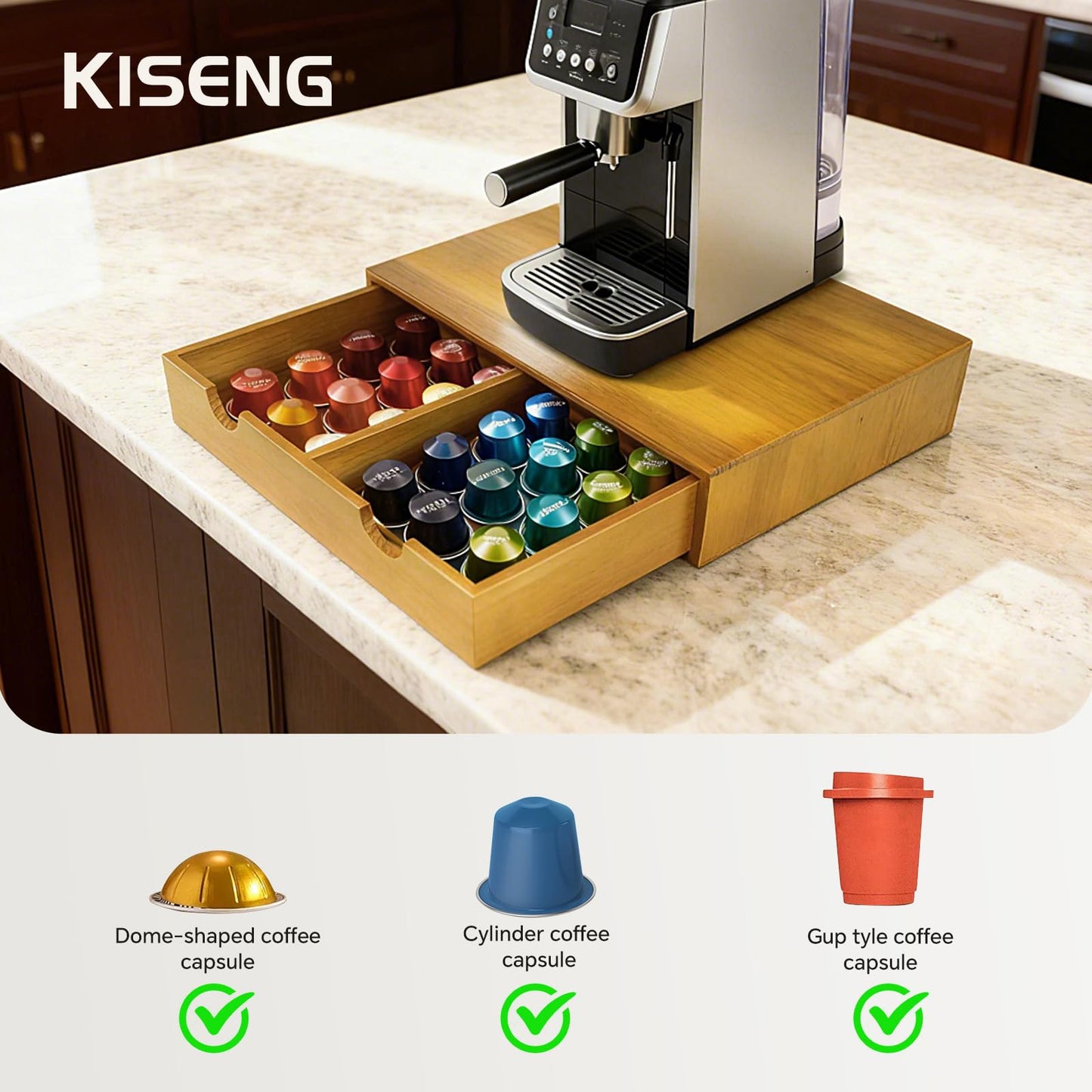 KISENG Coffee Pod 15" X 11" X 3" Natural Wood Countertop Organizer Drawer, Counter Top Espresso Tea Bag Station Storage Holder Box, Brown