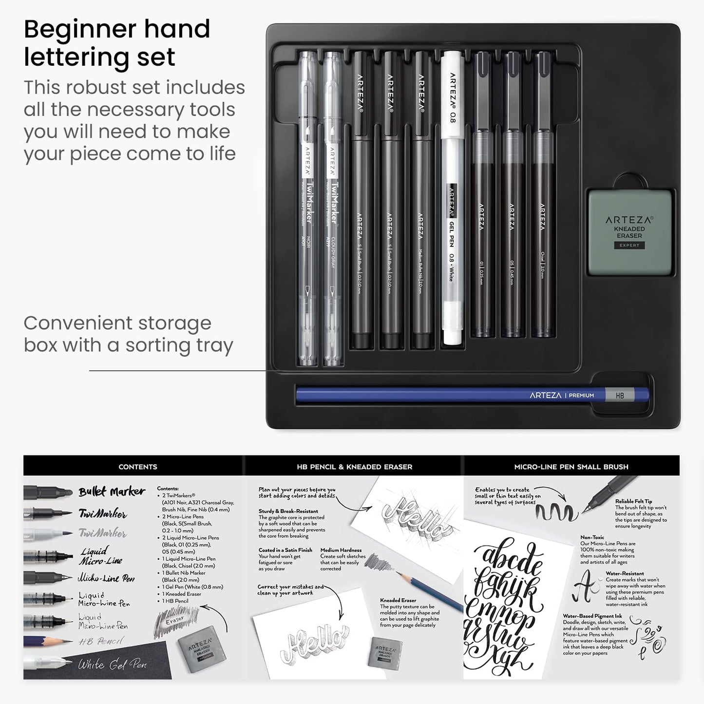 ARTEZA Hand Lettering Pens Set of 12 – Calligraphy and Brush Pens with Guidebook, Pencil, Eraser for Beginners Learning Hand Lettering and Decorative Writing