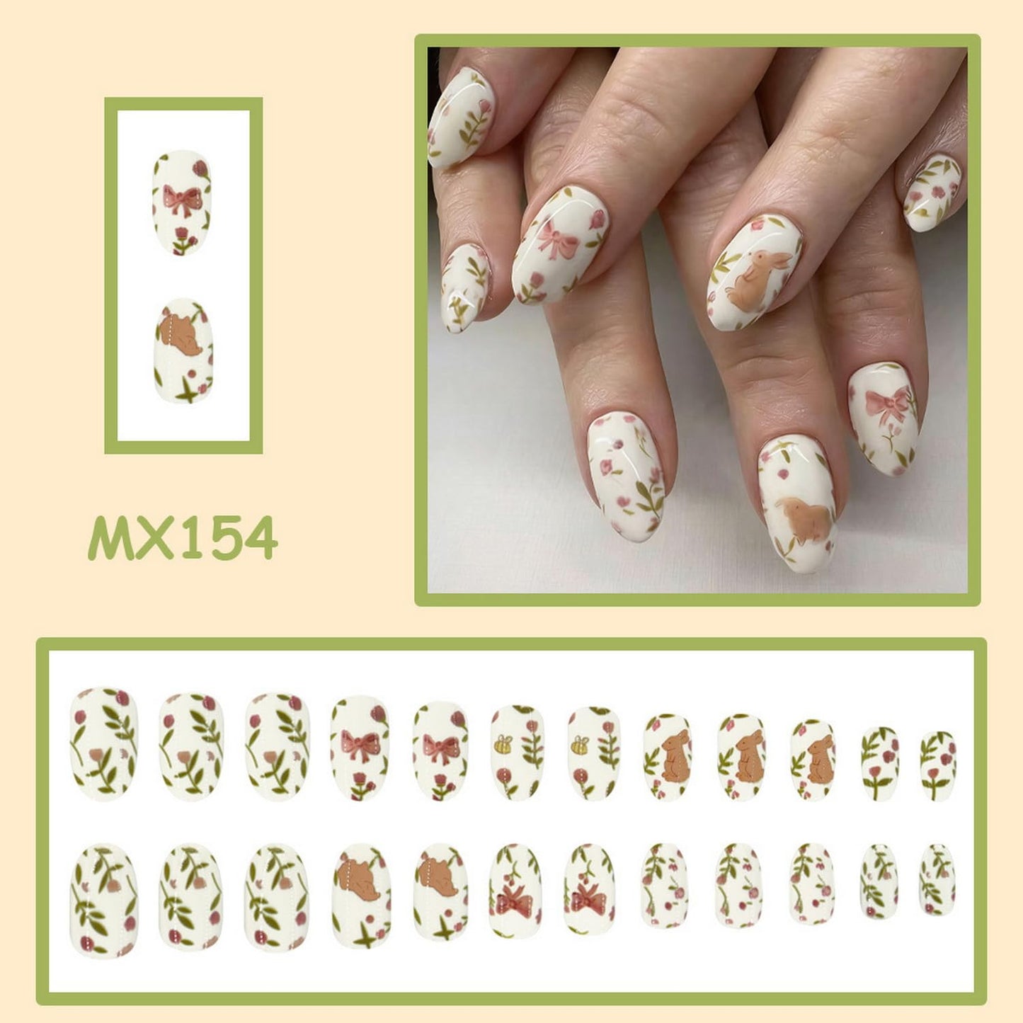 Easter Press on Nail Short Almond Shape Fake Nails with Cute Bunny Bow designs Flower False Nails White Stick on Nail Glossy Full Cover Acrylic Glue on Nails for Women Manicure24pcs