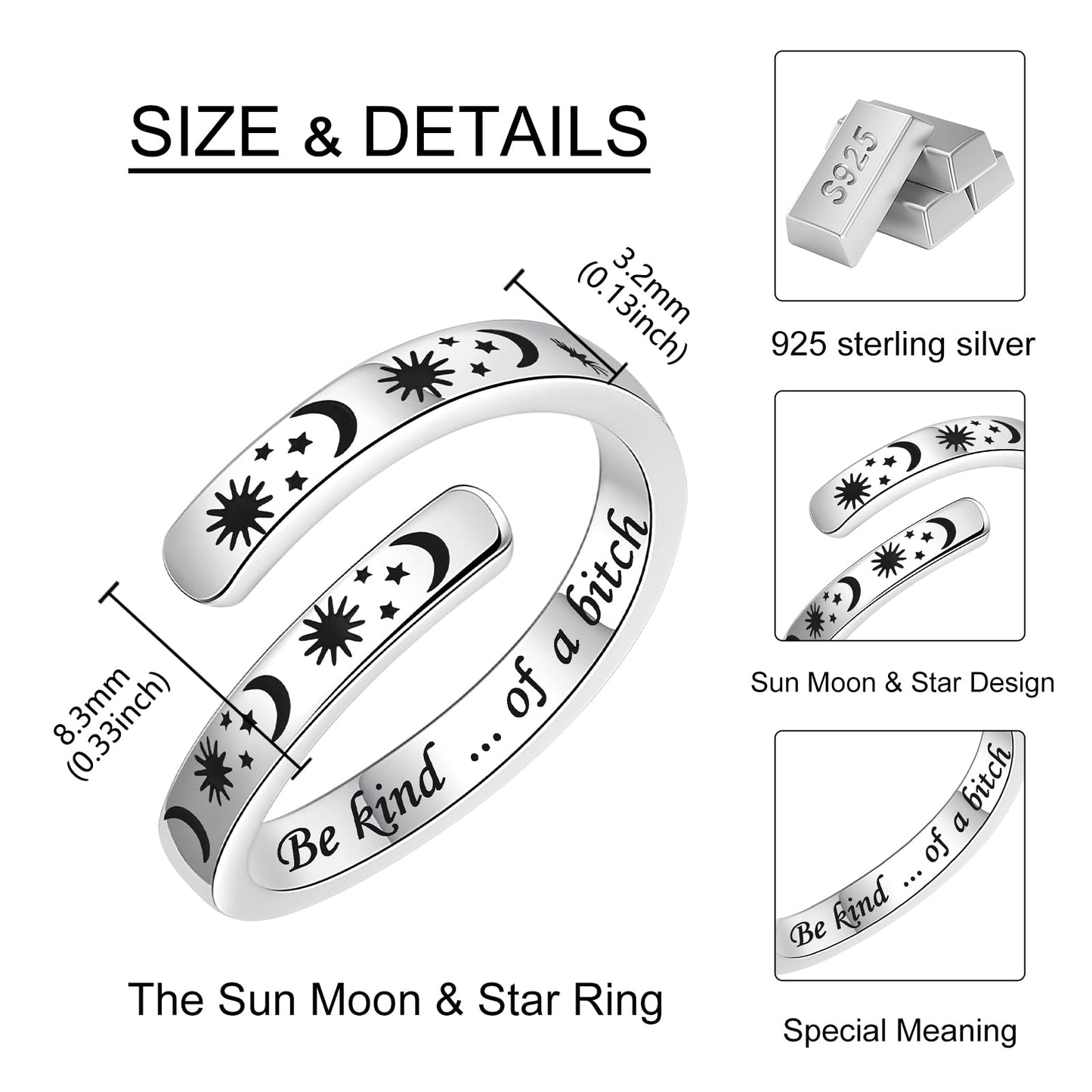 925 Sterling Silver Inspirational Jewelry Adjustable Wrap Open Ring Encouragement Gift for Women (Sun & Moon - Be kind ...of a b*tch)