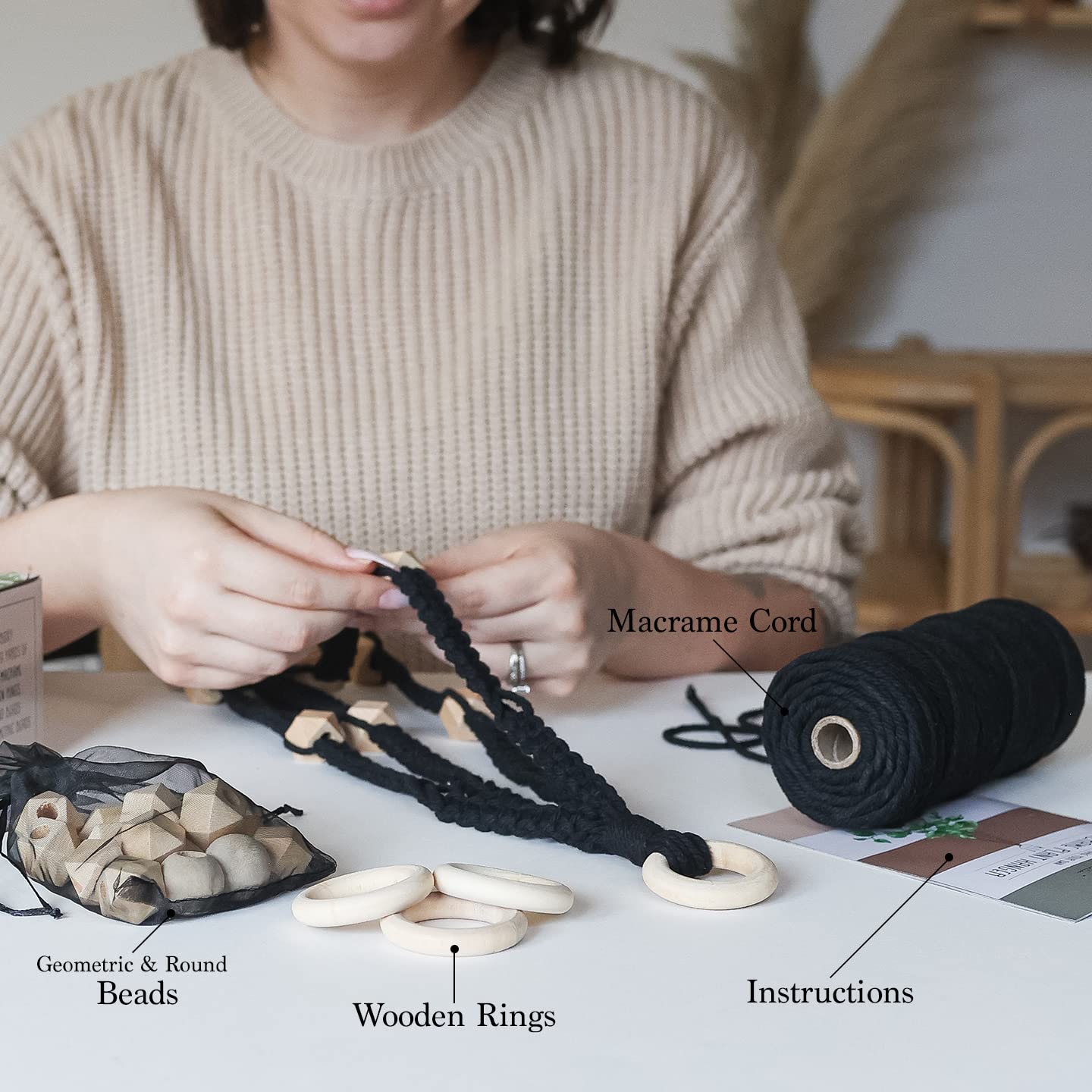Macrame Kit-Black Edition-Makes 3 Macrame Plant Hangers with Easy to Follow Instructions for Adult Beginners - Includes 109 Yards 3mm Cotton Macrame Cord, Wooden Beads & Custom Instruction Booklet