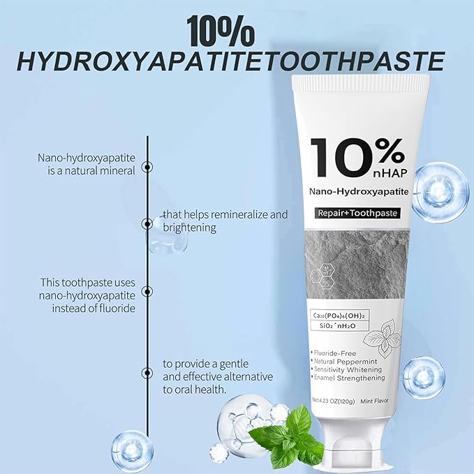 10% Nano Hydroxyapatite Toothpaste for Enamel Repair and Teeth Strengthening,Gentle Mint, Fluoride Free, Sensitive Teeth Relief, Fresh Breath (4.23 oz)