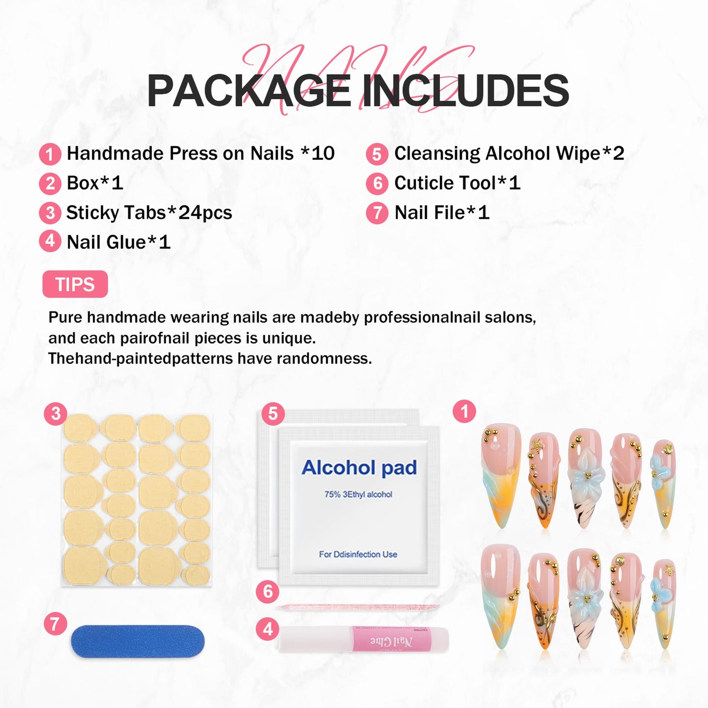 XGV Handmade Press on Nails Stiletto - Beach Vibes Summer French Tips 10Pcs Reusable Fake Nails Set for Women Manicure DIY Decoration Gift