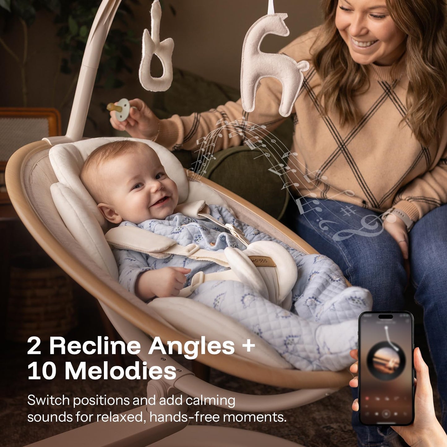 HARPPA Weddell Signature Baby Electric Swing for Newborns and Infants, Elevated Eye-Level Seat, 180° Rotation with Dual Motion, 5-Point Harness, 5 Speeds & Remote Control, Beige