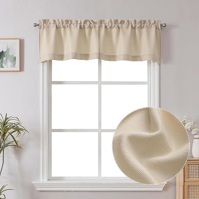 Chyhomenyc Valance for Windows, Faux Linen Slub Textured Small Valance for Kitchen Bathroom Basement, Rod Pocket Short Top Window Curtains for Bedroom, 30Wx14L inch, 2 Piece, Linen Color