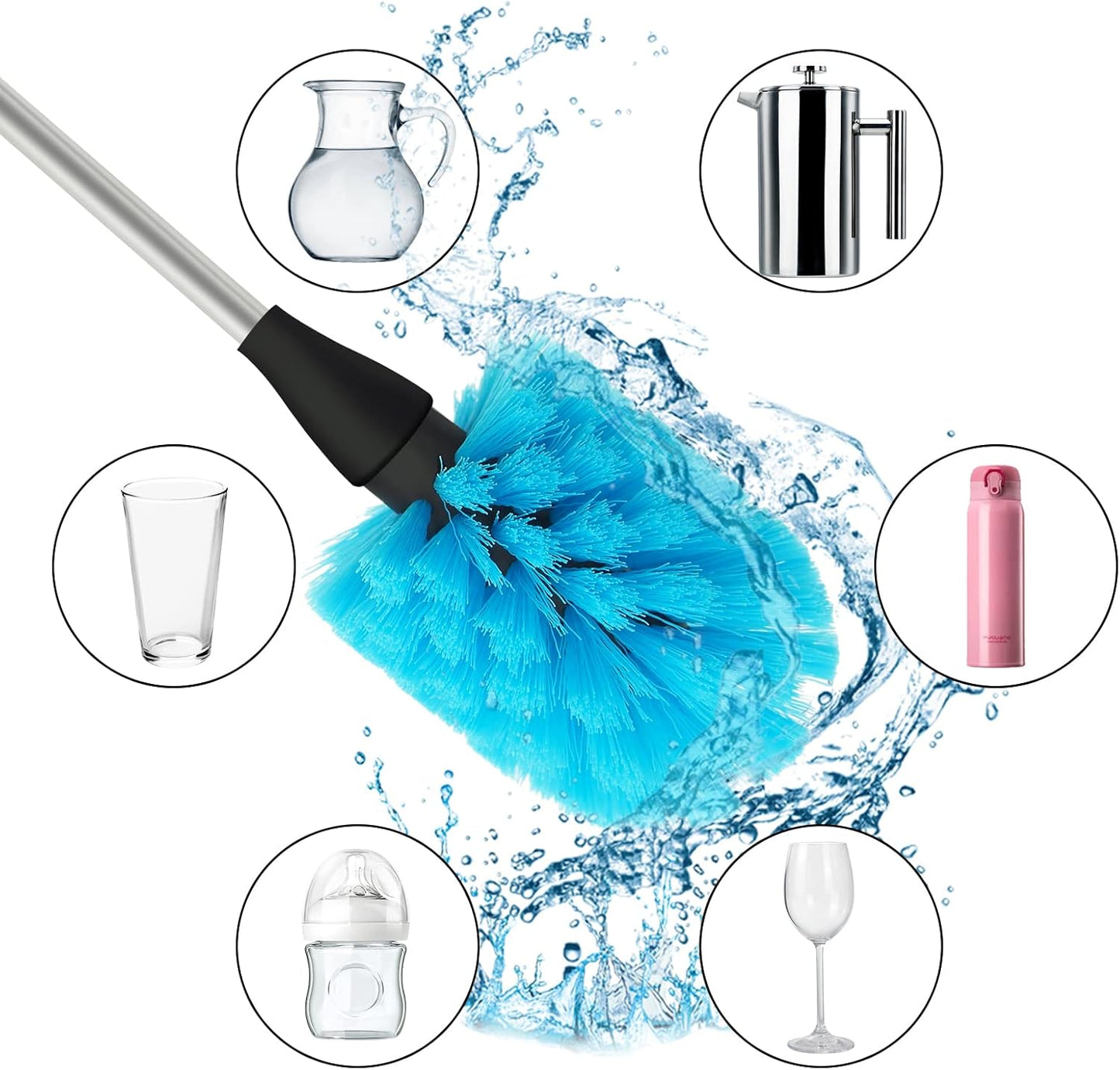 Water Bottle Brush Stainless Steel Long Handle Bottle Cleaner Scrubbing Brush for Cleaning Sports Bottles, Baby Bottles, Cups, Coffee Mugs, Glasswares, Wine Decanters, Flask, Vase, and Kitchen Sink