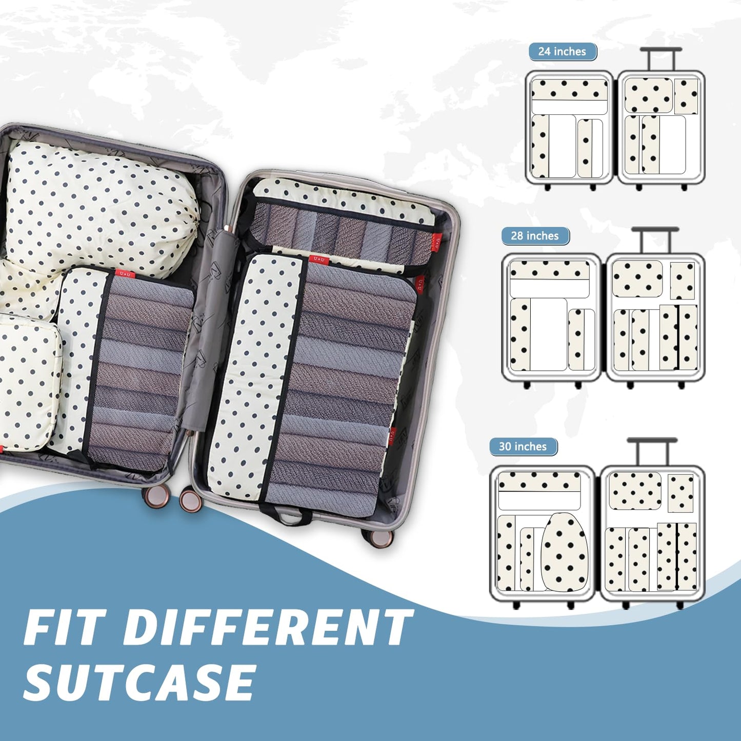 U+U 10 Set Compression Packing Cubes - Travel Organizers with Laundry Bag, Space-Saving Suitcase Organizer, Expandable Packing Organizers for Travel Essentials (Polka Dot)