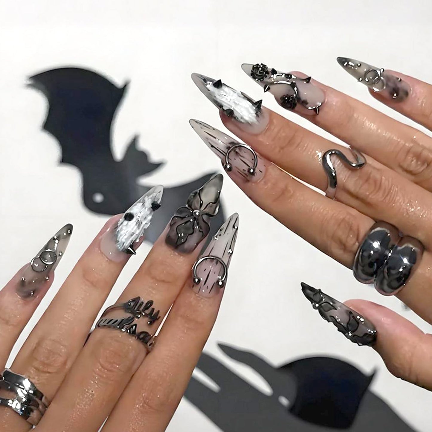 Gothic Press On Nails Long Stiletto Fake Nails with 3D Black Rose, Flower Spikes & Piercing Rhinestones Studs Designs, Reusable Acrylic False Nails for Women Punk Goth Manicure Halloween Party 24Pcs
