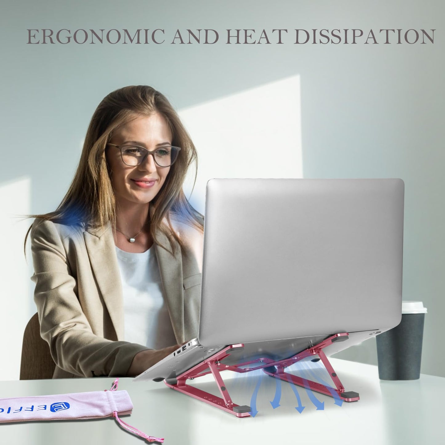 EFFICOM Laptop Stand for Desk, Ergonomic Lap Riser, Portable Laptop Stand, Aluminum Lightweight Foldable Notebook Support, Compatible with Laptop 10-15.6'' and Tablet, Phone (Pink)