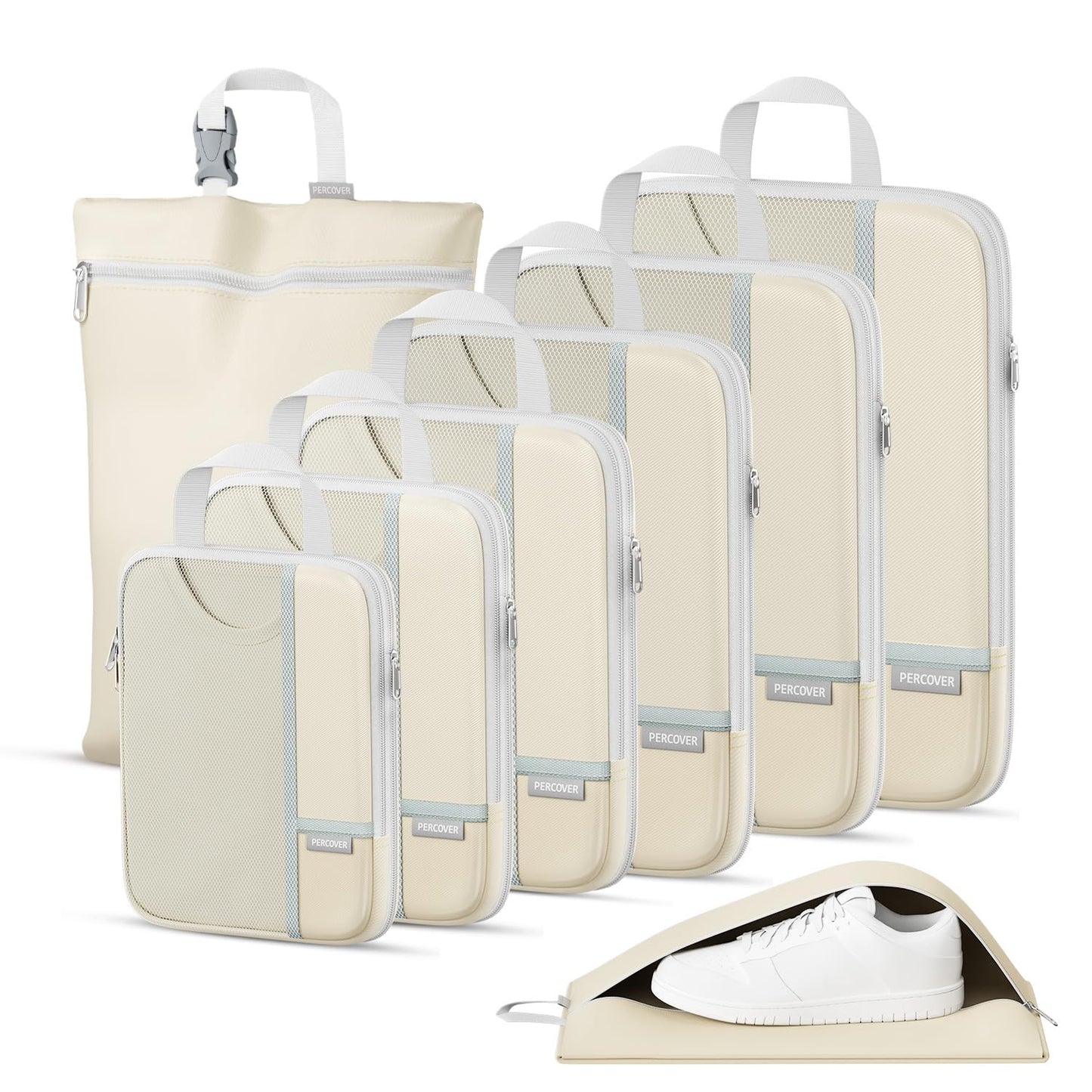 Percover Compression Packing Cubes 8-Piece Set, Packing Cubes Compression for Travel with Laundry Bag & Shoe Bag, Travel Organizer for Carry On & Checked Luggage, Beige