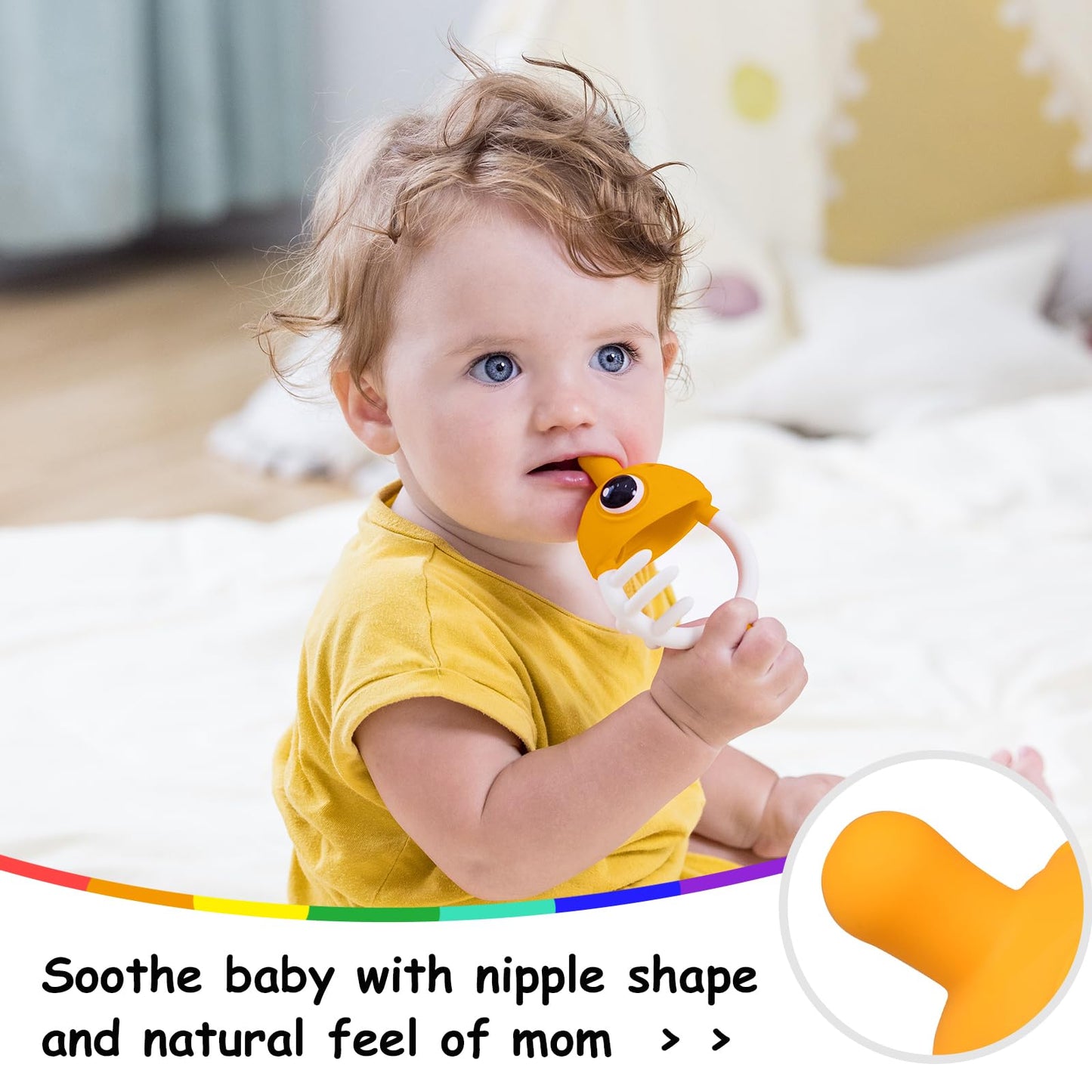 Mombella Clownfish Teethers for Babies 3-6 Months, Baby Teething Toys 6-12 Months with Lanyard to Attach on, Silicone Tether with Different Textures to Gnaw, Ergonomic for Little Hands, Saffron
