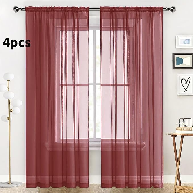 SpaceDresser Burgundy Sheer Curtains 4 Panels Rod Pocket Semi-Sheer Curtain 72 Inches Long Light Filtering Voile Window Drapes for Bedroom Living Room Kitchen, Each 52W x 72L