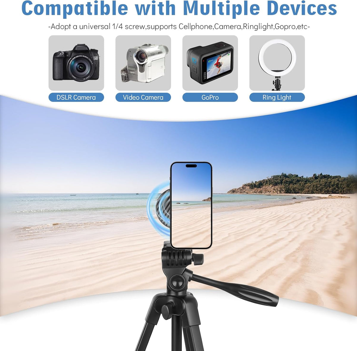 55" Phone Tripod, PHOPIK Aluminum Extendable Tripod Stand with Shutter, Carrying Bag, Compatible with iPhone/Android/Sport Camera&Insta 360 x5 Perfect for Video Recording/Selfies/Live Stream/Vlogging