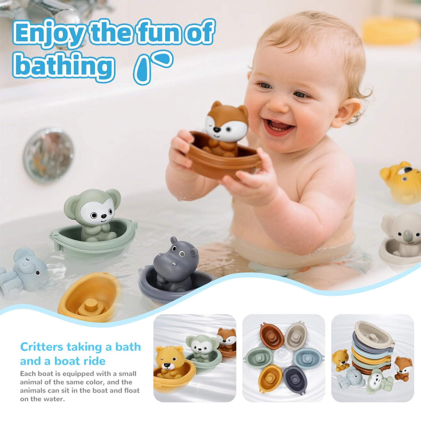 BOBOBELL Bath Toys Float Boats for Kids Ages 18M+,Stackable Floaty Boat,Animal Finger Puppets,Toddler Toys Gifts for 2-4 Year Old Baby Gifts Valentines Easter Basket