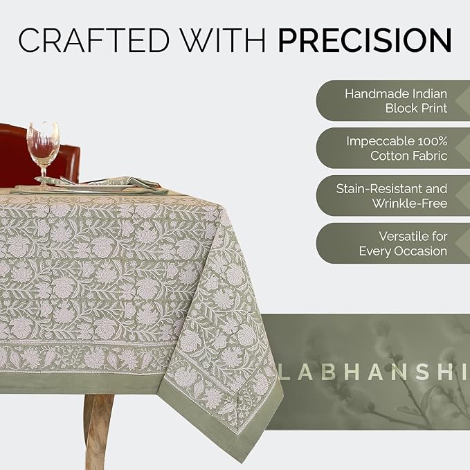 Labhanshi Indian Handblock Print Pre-Washed Cotton Floral 60x90 Inch Rectangle 6-Seater TableCloth|Rustic Farmhouse Decorative Party Event Wedding Banquet Thanksgiving Festive holiday Decor|Sage Green