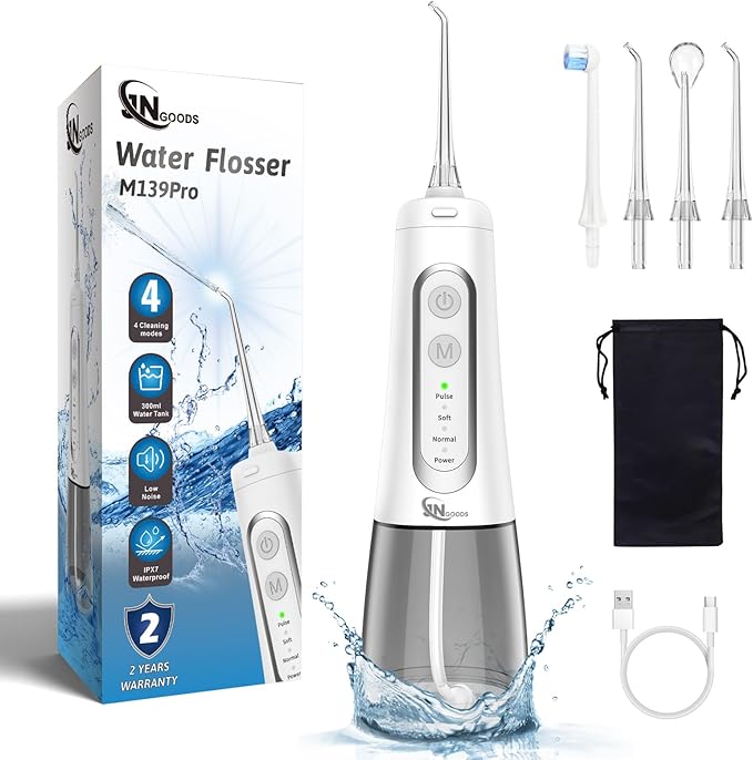 Cordless Water Dental Flosser oral irrigator,JNGOODS 300ml Rechargeable water flosser for teeth IPX7 Waterproof 4 Modes portable Oral Irrigator with 4 jet tips, Travel Home use (White)