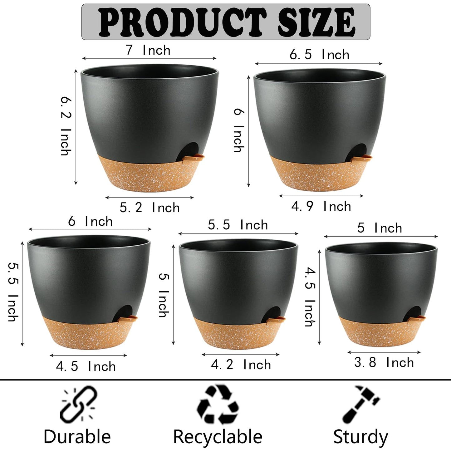 SE SUN-E Self Watering Plants Pot with Drainage Hole, Flower Plants Pots for Indoor & Outdoor, Black Plastic Self Watering Planters Succulent Pot 5pcs/Set