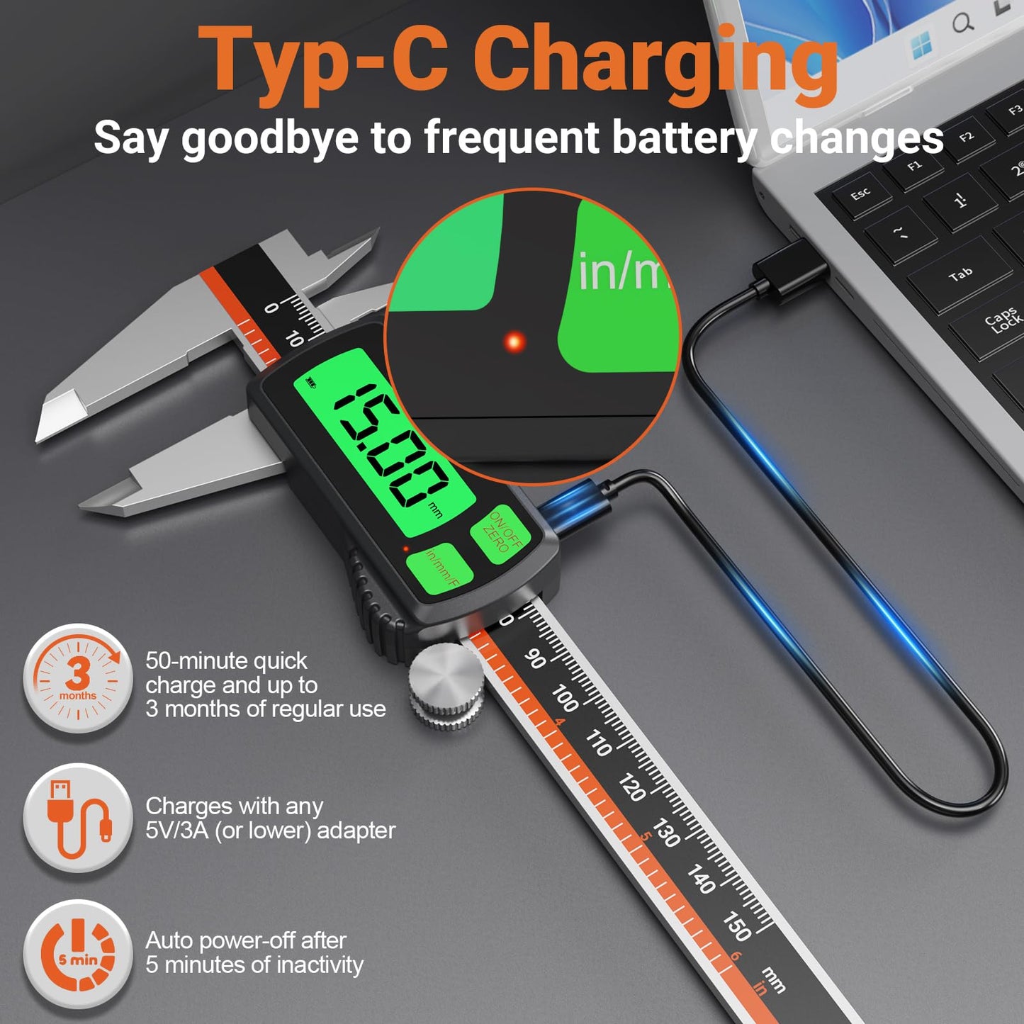 Digital Caliper, Type-C Rechargeable Stainless Steel Vernier Caliper, F/MM/in Conversion, Large LCD, USB Charging Digital Caliper Measuring Caliper for DIY, Woodworking & Professional Use (Black)