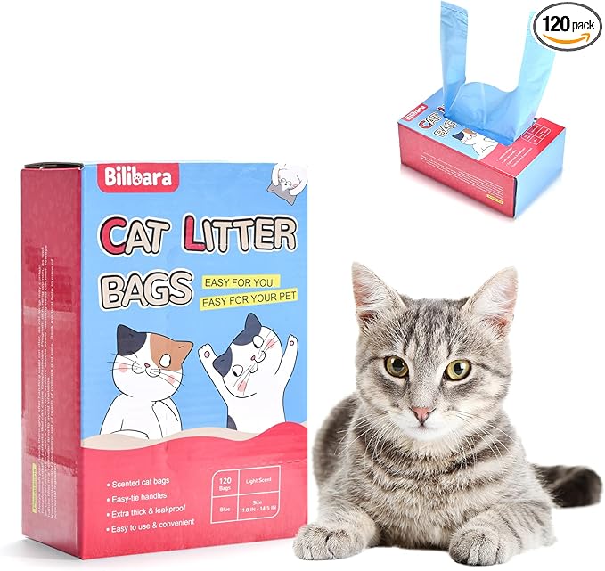 Bilibara Cat Litter Bags, 120 Count, Ultra Thick, Scented, Leak-Proof, Disposable, 15 Liters Capacity
