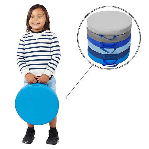 Factory Direct Partners SoftScape 15 inch Round Classroom Floor Cushions with Handles; Flexible Seating for Daycare, Preschool, Playroom; 2 inch Thick Deluxe Foam (6-Piece)