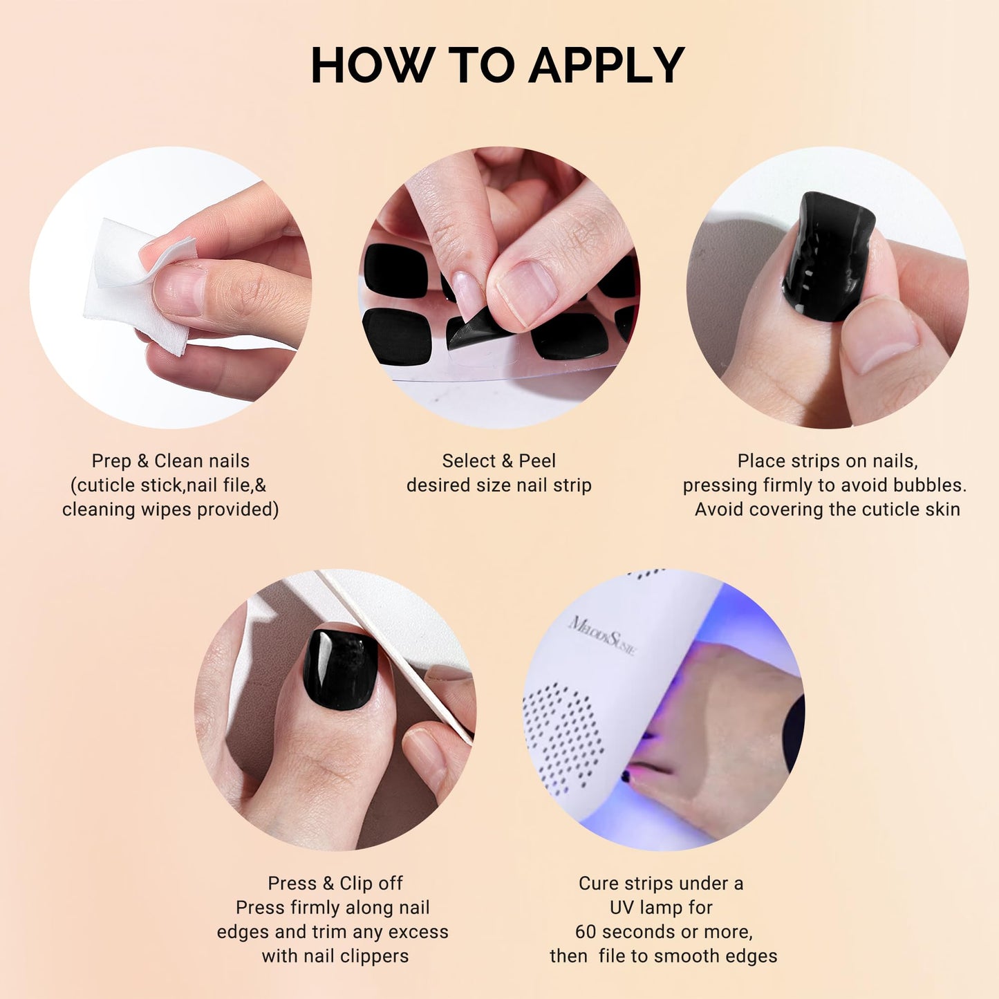 MelodySusie 32Pcs Semi Cured Gel Toe Nail Strips (Black), Pedicure Stickers for Toes, Works with Any UV/LED Lamps, Salon-Quality, Long Lasting, Easy to Apply & Remove