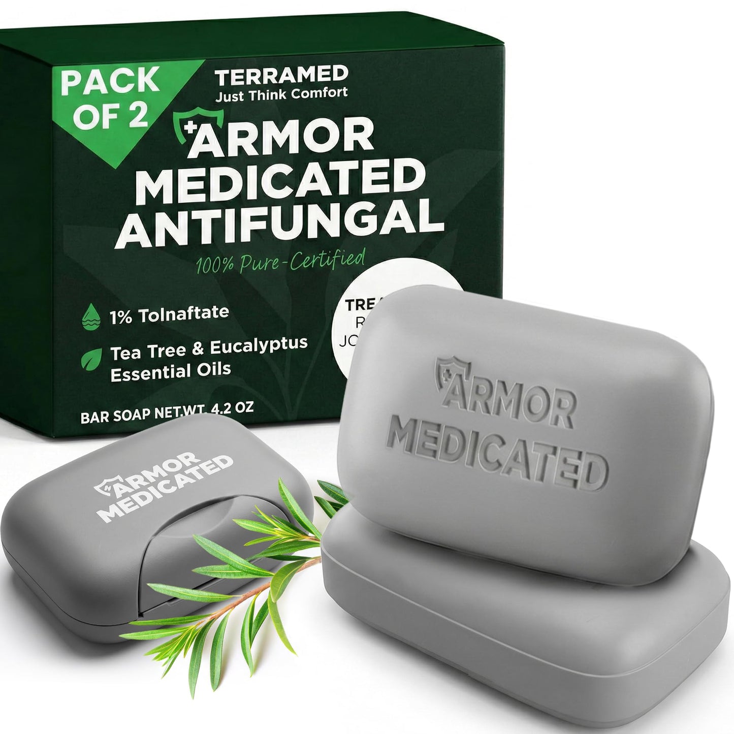 Antifungal Soap | Medicated Jock Itch Treatment, Fights Ringworm & Athlete's Foot | Soothing Tea Tree & Eucalyptus | 1% Tolnaftate for Effective Relief | Travel-Friendly with Soap Case
