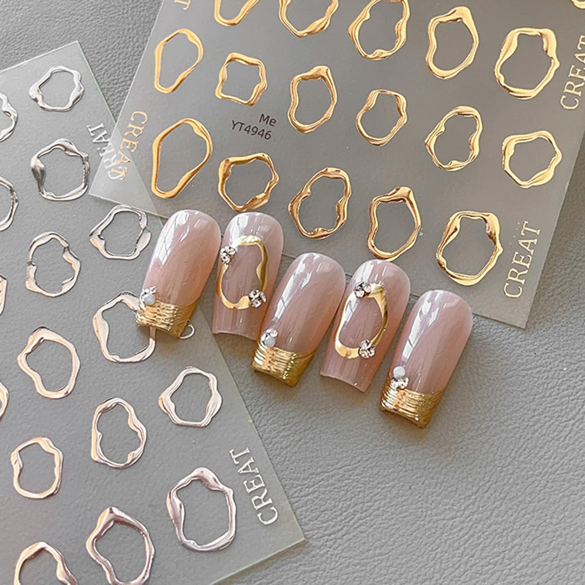 5D Embossed Metal Nail Art Stickers, 4Sheets Gold Silver Irregular Geometric Lines Frames Nail Sticker Hollow Circle Designs Nail Decals for Women Self Adhesive Nails Manicure Accessories