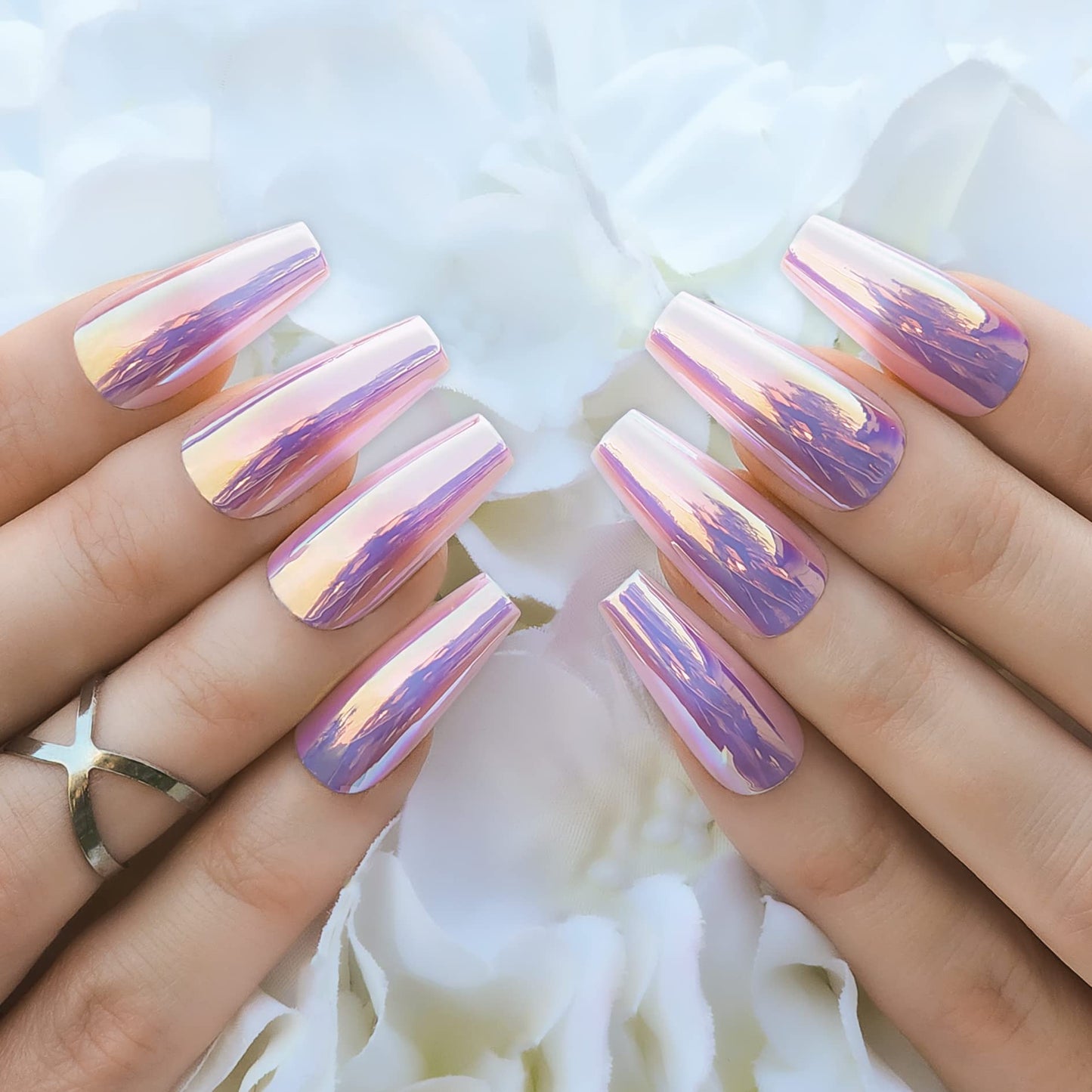 Hypnaughty Press On Nails - Party Star Coffin & Light Pink Almond Chrome, Trendy & Salon Quality Reusable Nails With Kit