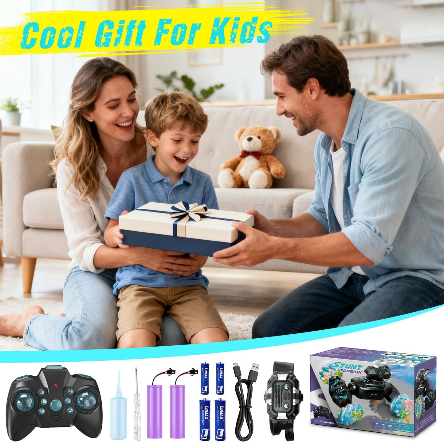 FDCTR Gesture Sensing Remote Control Car, RC Cars Toys for Boys Age 6-12, 4WD Hand Controlled Twist & Transform 360° Spins Stunt Car with Mist, Light & Music, 8-10 Year Old Boys Birthday Gift Blue