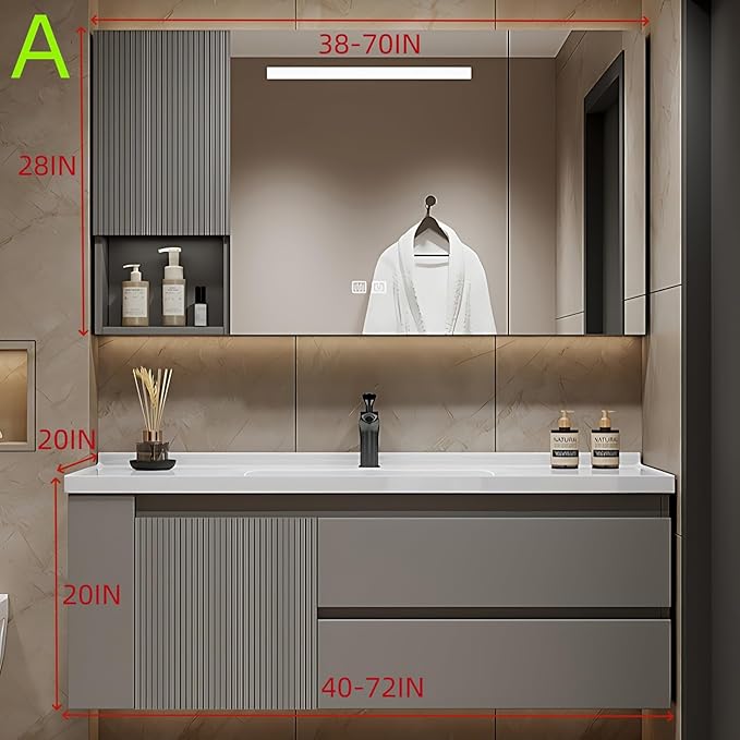 40IN Suspended Bathroom Cabinet Combo Set - Fully Functional LED Mirror with Smart Defogging & Time Display | Bathroom Vanity with Sink,Side Cabinet Storage Compartment (Style A)