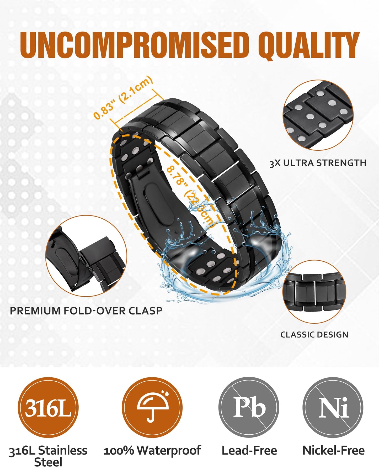 Jecanori 3X Magnetic Bracelets for Men, Mens Bracelet Stainless Steel with Strenth Neodymium Magnets & Sizing Tool(Black)