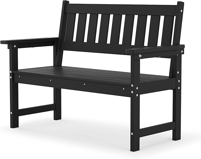 LUE BONA Outdoor Bench, 2-Person HDPS Garden Bench, Outdoor Benches Weatherproof, All-Weather Fade/Rot Resistant Patio Bench for Park, Front Porch, Backyard (Black)