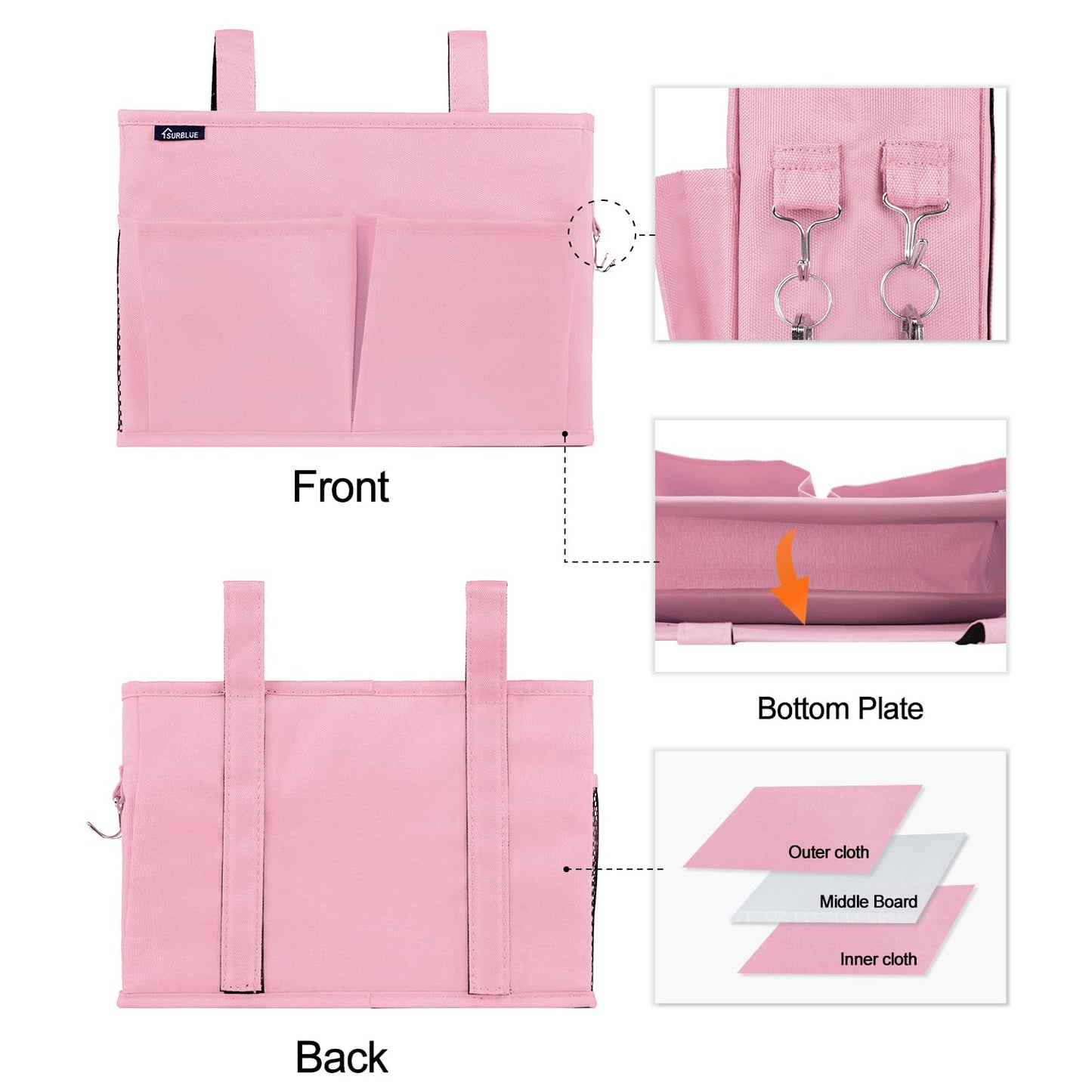 Surblue Caddy Hanging Organizer Bedside Storage Bag for Bunk and Hospital Beds, Pink, Small
