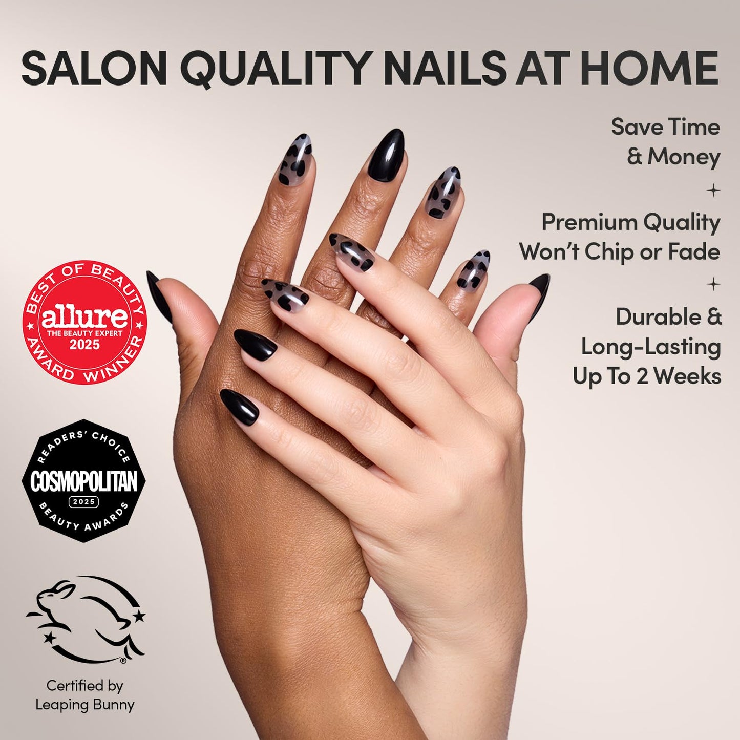 Glamnetic Press On Nails - Love Me Not | Opaque, Semi-transparent, Glossy Black Heart Fake Nails, Salon Quality | 15 Sizes - 30 Nail Kit with Glue