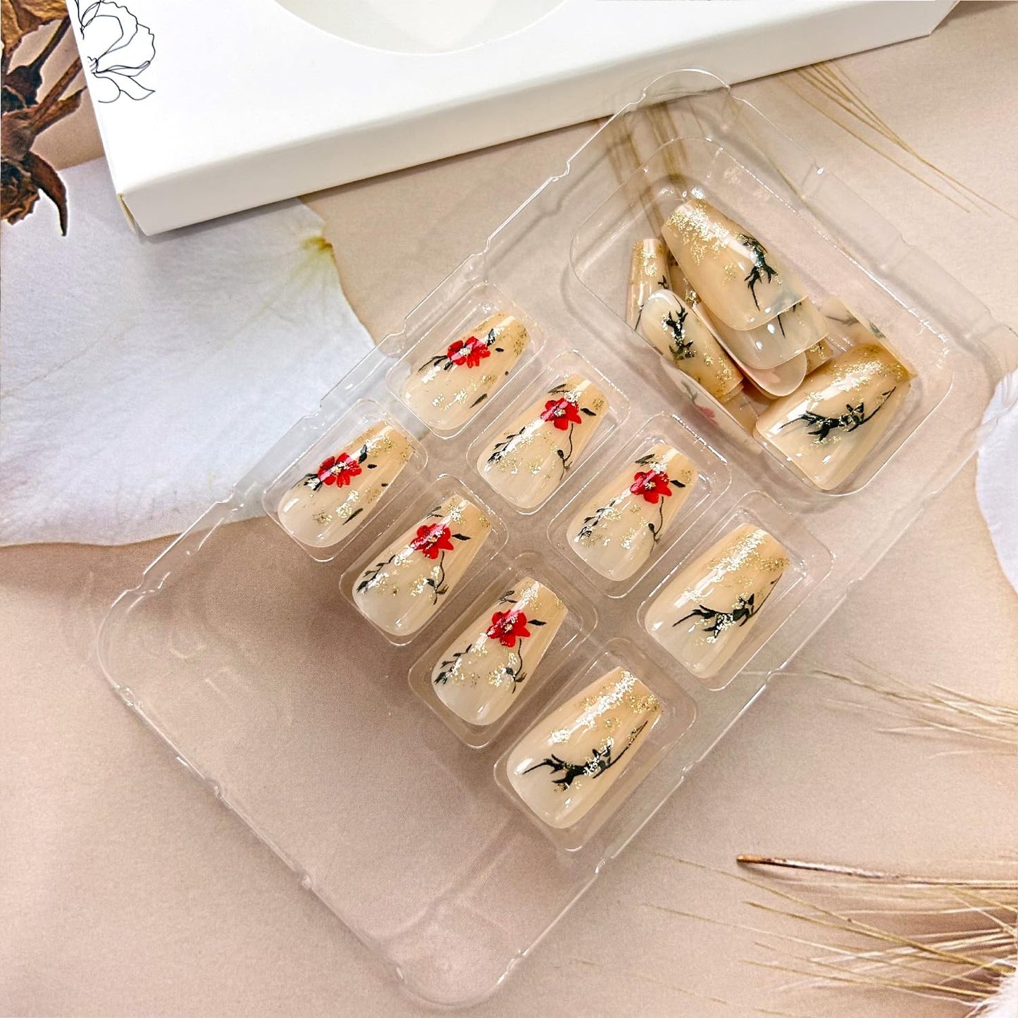 Flower Press on Nails Medium Ballet Shaped Gold Glitter Powder Flower Rose Pattern Design Full Cover Glossy Artificial Fingernails Reusable Acrylic Press Ons Stick on Nails for Women Spring Manicure